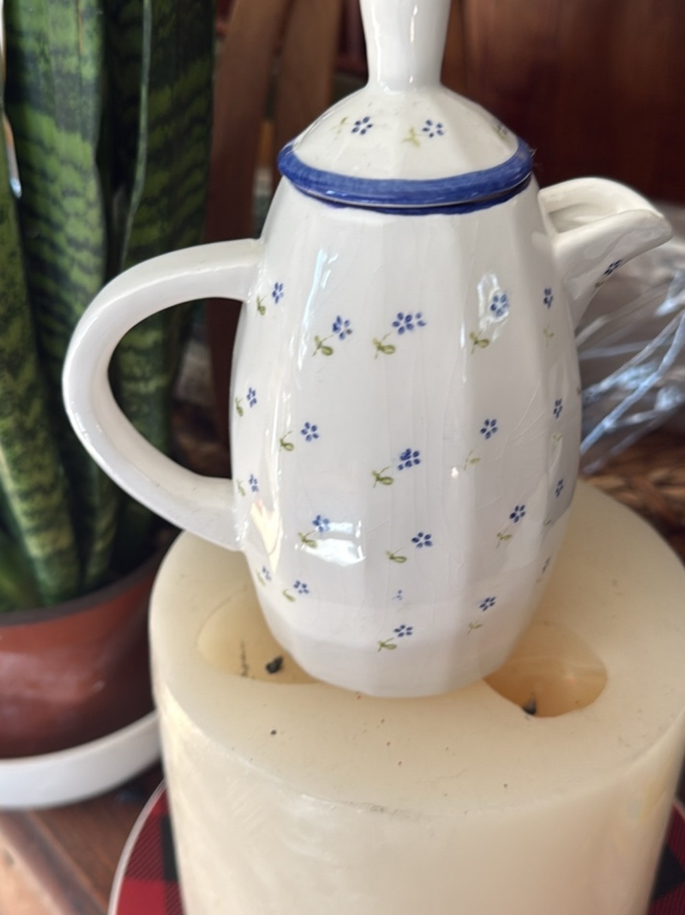 White Ceramic Teapot with Blue Floral Detail